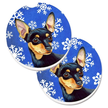 Carolines Treasures Min Pin Winter Snowflakes Holiday Set of 2 Cup Holder Car Coaster LH9290CARC